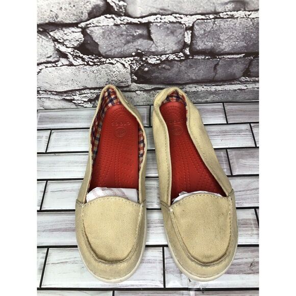 Crocs Melbourne II Khaki Canvas Slip on Loafers Boat Shoes Women’s Sz 6M US/36EU - Picture 5 of 16